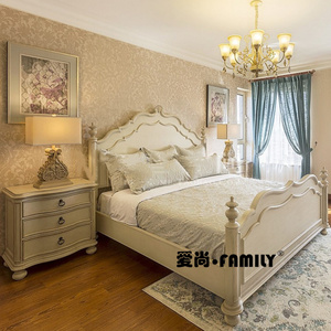 美式art轻奢实木床法式象牙白做旧雕花橡木双人床主卧公主床婚床