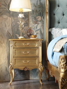 美式轻奢实木雕花床头柜 新古典香槟金3抽屉柜复古欧式卧室家具