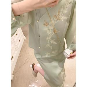 新中式改良旗袍绿色连衣裙子民国风复古小洋装两件套装女早春秋季