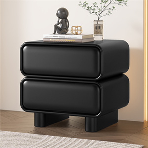 黑色免安装高级感全实木床头柜现代简约创意方糖圆角轻奢皮质卧室