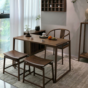 新中式实木阳台茶桌2024新款小型家用黑胡桃木书桌茶盘一体小茶台