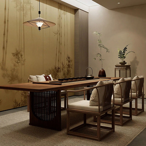 新中式实木茶桌椅组合黑胡桃木禅意功夫茶台茶室办公室大板泡茶桌