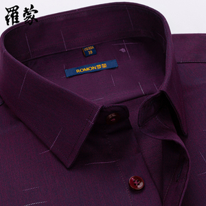 罗蒙秋季男士长袖衬衣商务正装中年紫色弹力抗皱衬衫棉新款爸爸装
