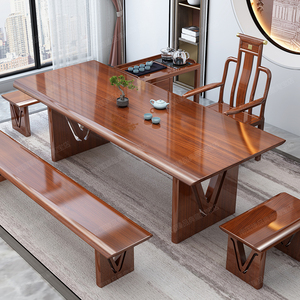 新中式乌金木大板茶桌椅组合原木整块泡茶台会客桌简约书法桌餐桌