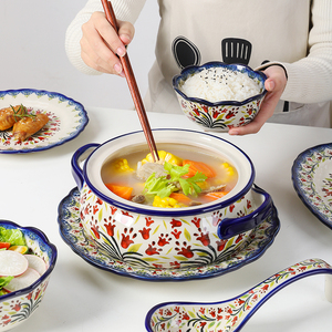 外贸出口陶瓷餐具北欧复古家用米饭碗大号汤面碗平盘深盘沙拉盘子