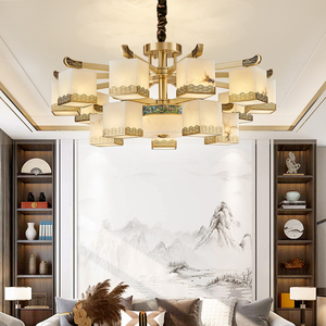 新中式客厅全铜云石吊灯餐厅卧室房间书房矮户型半吸顶玉石灯具