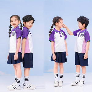 小学生校服夏季班服幼儿园园服紫色短袖T恤 男女童短裤裙运动套装