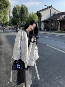 反季韩版灰蓝色白鸭绒系带羽绒服女冬季气质宽松保暖面包服外套厚