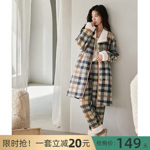 睡衣女珊瑚绒秋冬中长款可外穿2023新款加绒加厚格子家居服睡袍