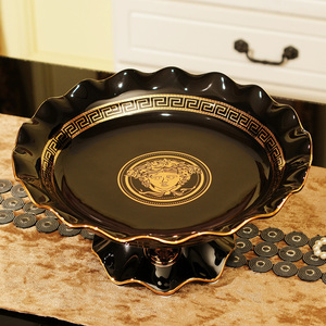 陶瓷水果盘高档精致进口欧式客厅家用黑色轻奢大ktv圆形简约摆件