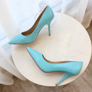 欧美糖果色蓝绿色羊皮高跟鞋基本款尖头细跟真皮单鞋浅口鞋时尚鞋
