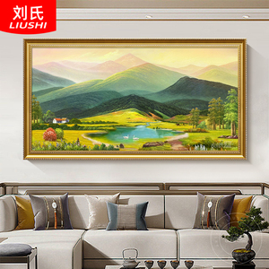 巨人山手绘油画美式沙发背景墙装饰画欧式客厅挂画山水风景天鹅湖