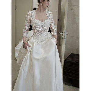 长袖蕾丝主婚纱2022新款新娘韩式简约出门轻纱高级迎宾礼服大拖尾