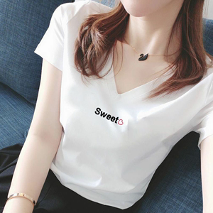t恤女修身v字领短袖2023年夏季新款白色韩版气质上衣大码体桖衫潮