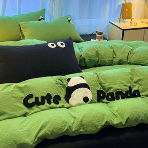 卡通果绿色床上四件套可爱熊猫夏季非全棉纯棉被套床单宿舍单人三