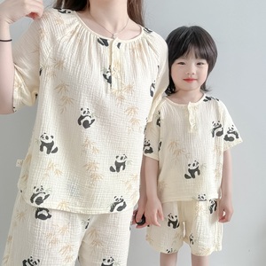 小熊猫亲子装～夏季新款母子母女装男女儿童纱布短袖短裤睡衣套装