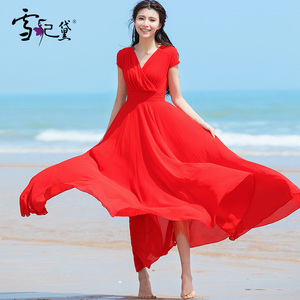 红色雪纺连衣裙女2024新款夏V领收腰显瘦气质海边沙滩裙大摆长裙