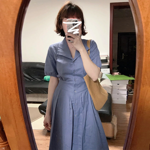 茶歇法式蓝色衬衫连衣裙子女夏季2024新款小个子高端精致气质长裙