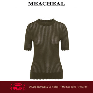 MEACHEAL米茜尔新款女装银化橄榄绿冰爽呼吸感针织镂空短袖打底衫