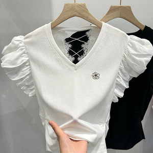 韩版短袖t恤女装夏装2024年新款后背镂空蕾丝拼接泡泡袖甜美上衣