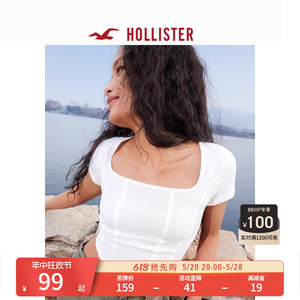 Hollister春夏美式辣妹鱼骨短袖修身方领短款T恤上衣 女 329552-1