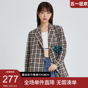 她图2023春秋新款韩版复古格子西装外套女通勤气质休闲小西服上衣