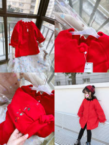 110-150cm外贸女童红色呢子外套加棉韩版洋气秋冬纯波浪领新年衣