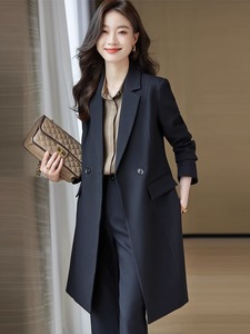 黑色风衣外套女春秋2023新款小个子中长款西装大衣高级感职业套装