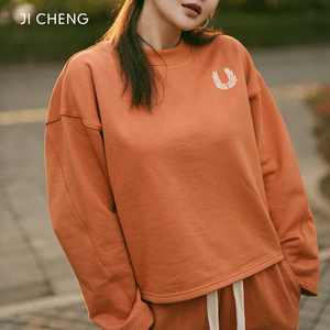 Ji Cheng吉承设计师原创春夏新款橘色舒适卫衣圆领休闲运动套装