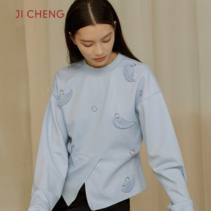 Ji Cheng吉承设计师新款早秋水蓝色翅膀收腰卫衣小众高级圆领修身