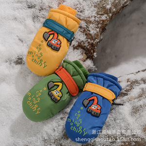 冬季新款儿童滑雪手套卡通挖机防风防滑加绒加厚