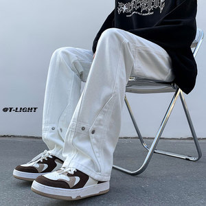 白色牛仔裤男夏季2024新款美式潮牌高街直筒裤子宽松阔腿休闲长裤