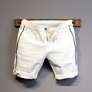 夏季新款个性拼色拼接修身白色牛仔短裤男士时尚潮流百搭4分裤