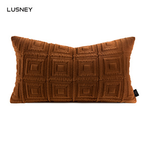 抱枕样板间卧室床头橙橘色方格线框间棉回形靠枕沙发客厅靠垫腰枕