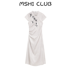 MSHI CLUB新中式竹子旗袍连衣裙女夏季新款刺绣国风修身立领长裙