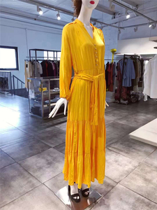 M-L穿 MELISSA ODABASH 法式气质黄色V领长款连衣裙 710