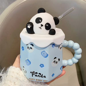 可爱熊猫儿童牛奶水杯男女学生吸管杯创意陶瓷杯带盖办公室马克杯