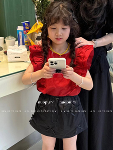 Lop女童荷叶边衬衫无袖上衣红色夏2024韩国童装气质可爱洋气短裙