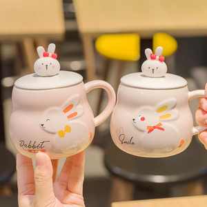 儿童小白兔子陶瓷杯2024新款水杯带盖勺子家用马克杯女孩卡通杯子