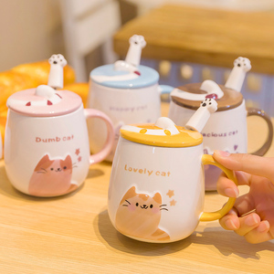 小猫猫陶瓷杯办公室有盖马克杯儿童男孩可爱猫咪水杯情侣带盖杯子
