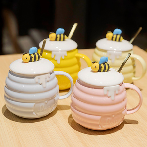 小蜜蜂马克杯带盖勺女男生家用水杯蜂蜜水情侣款一对卡通陶瓷杯子