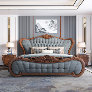 欧式乌金木风格真皮实木床1.8米别墅主卧新中式雕花大象款双人床