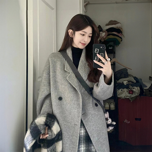 灰色双面羊绒大衣女秋冬季2023新款斜纹中长款韩版高级感毛呢外套