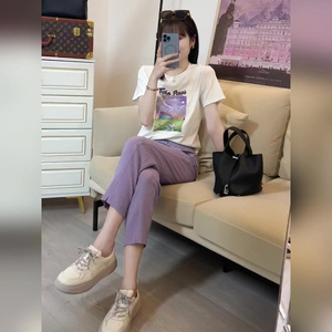 夏季女装新款紫色香风休闲时尚套装印花短袖T恤九分裤套装两件套