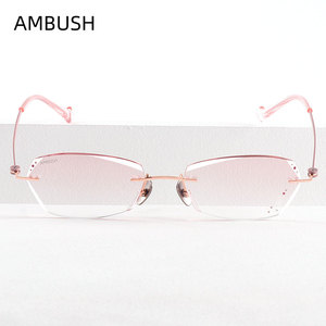 ambush无框眼镜框近视眼镜架超轻纯钛成品粉色钻石切边雕花素颜女