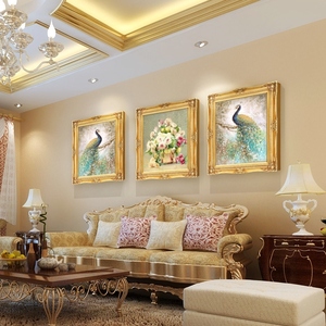 油画客厅装饰画三联挂画沙发背景墙大气孔雀简欧三连客厅欧式壁画