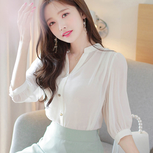 2024夏季韩版新款雪纺衫女衬衫气质上衣洋气短袖衬衣打底宽松小衫