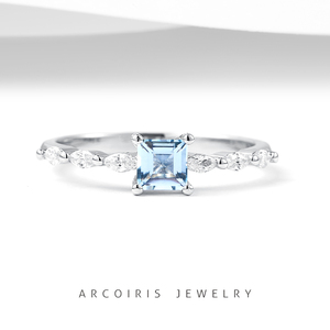 Arcoiris 纯天然海蓝宝925银镀白金方形戒指女原创设计简约冷淡风