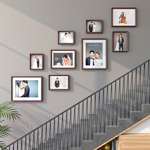 楼梯照片墙面装饰免打孔实木相框过道相册背景墙组合创意相片墙