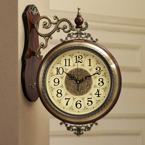 钟表挂钟客厅创意欧式奢华大气金属双面静音木质美式艺术装饰挂钟